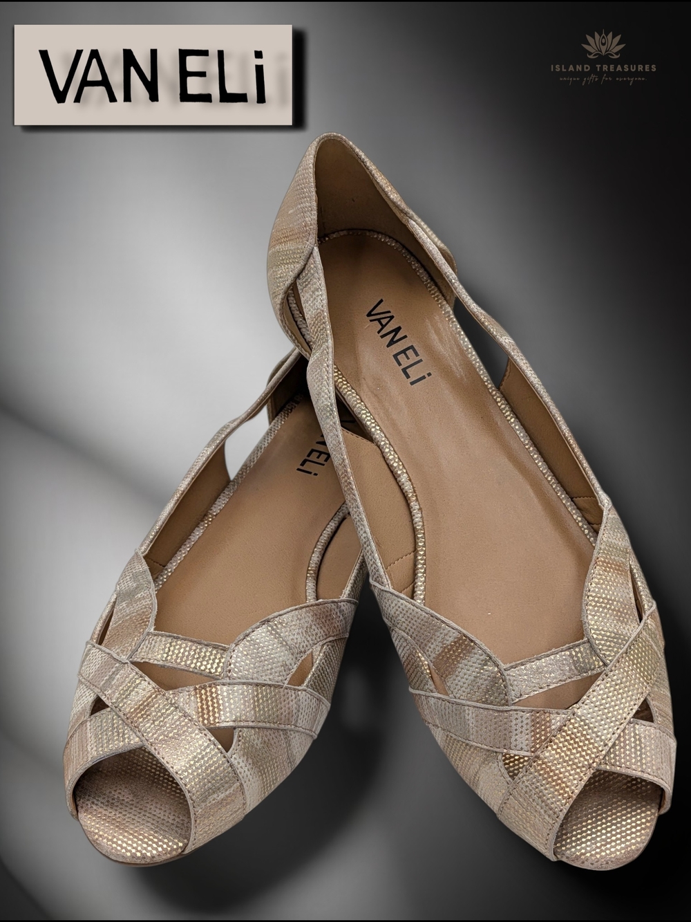 VANELi Sz 9 Metallic Gold/Champagne Woven Chrisscross Peep Toe Ballet Flats Shoe